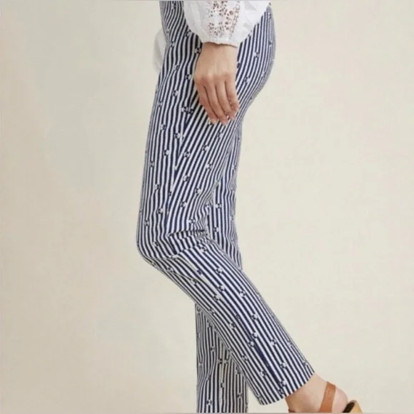 Anthropologie essential slim navy white stripe preppy cotton lightweight pants 8 - Picture 7 of 15